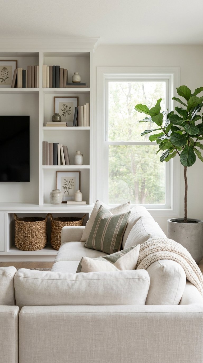 Salon blanc cassé avec canapé, bibliothèque sur mesure, télévision et grand ficus