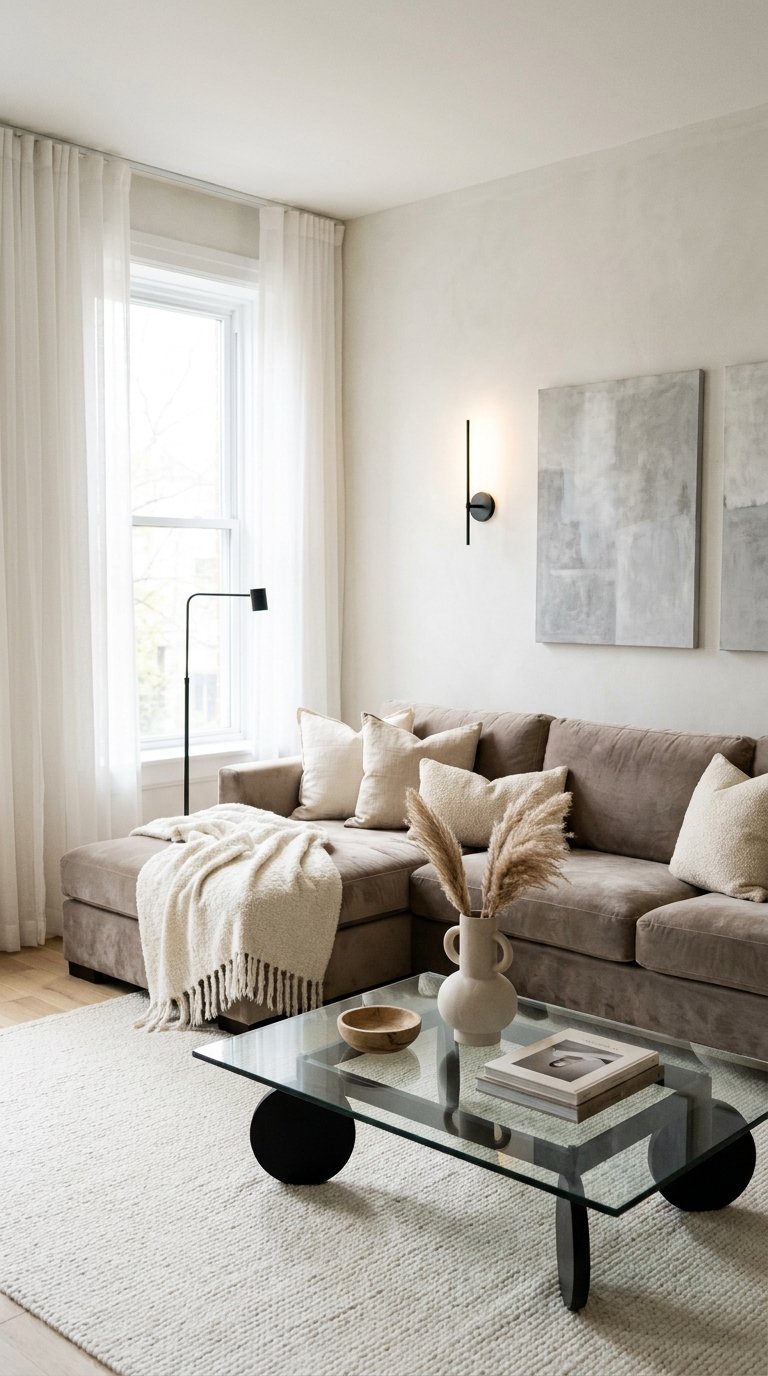 Canapé d’angle taupe avec coussins crème et table basse en verre