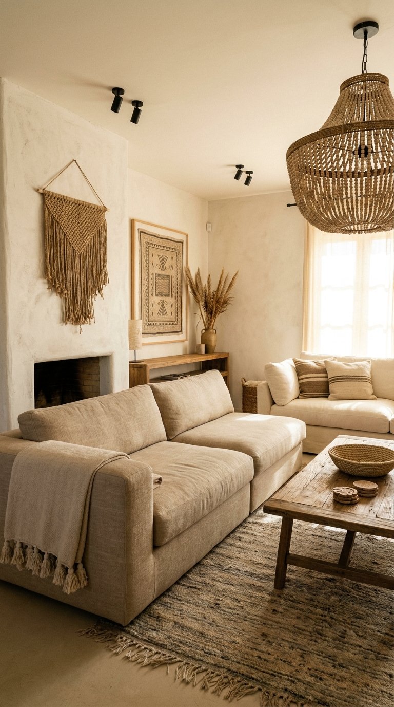 Salon bohème beige avec deux canapés, cheminée, macramé et suspension en perles