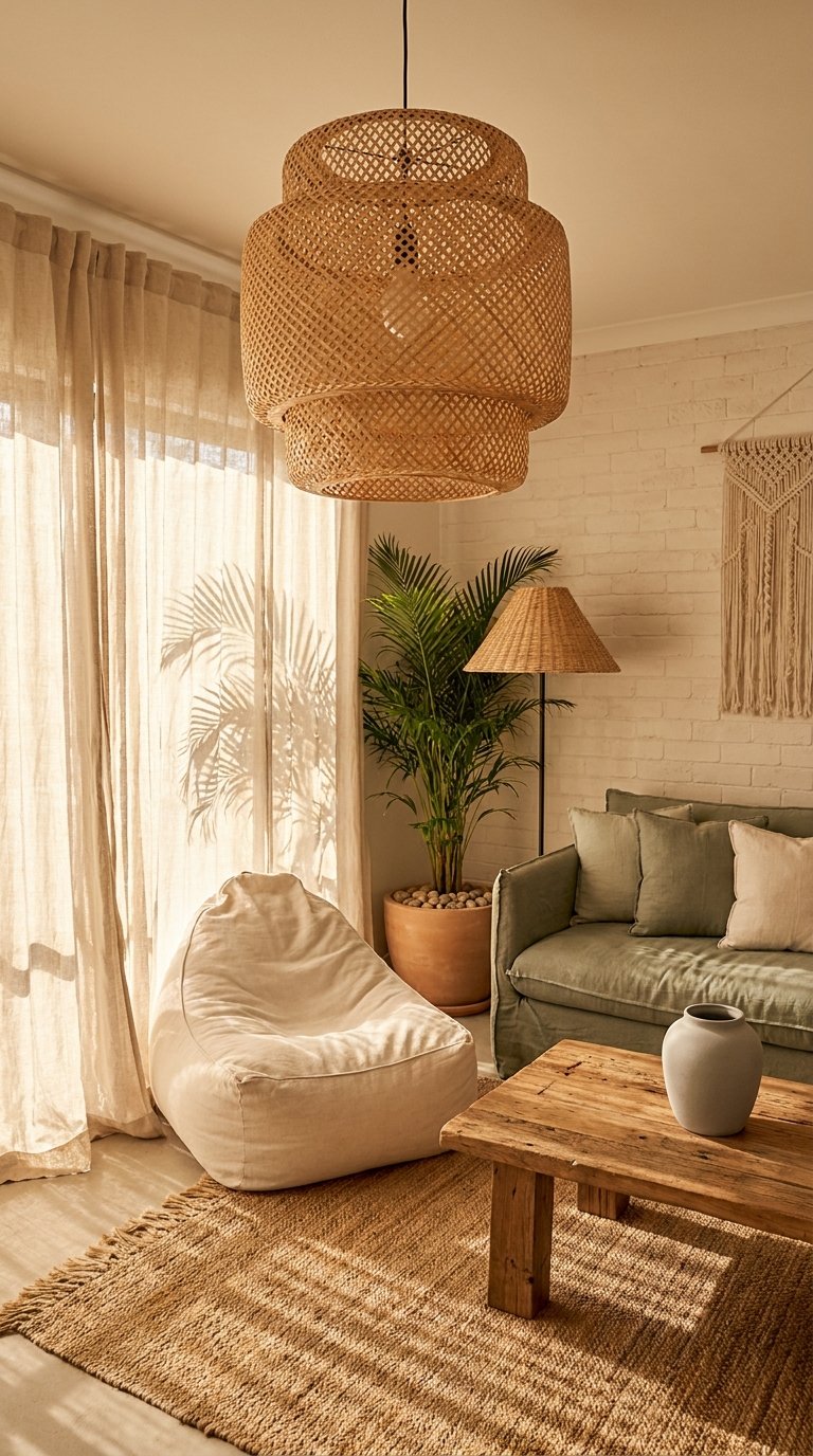 Salon bohème ensoleillé avec canapé kaki, pouf crème et grande suspension en rotin