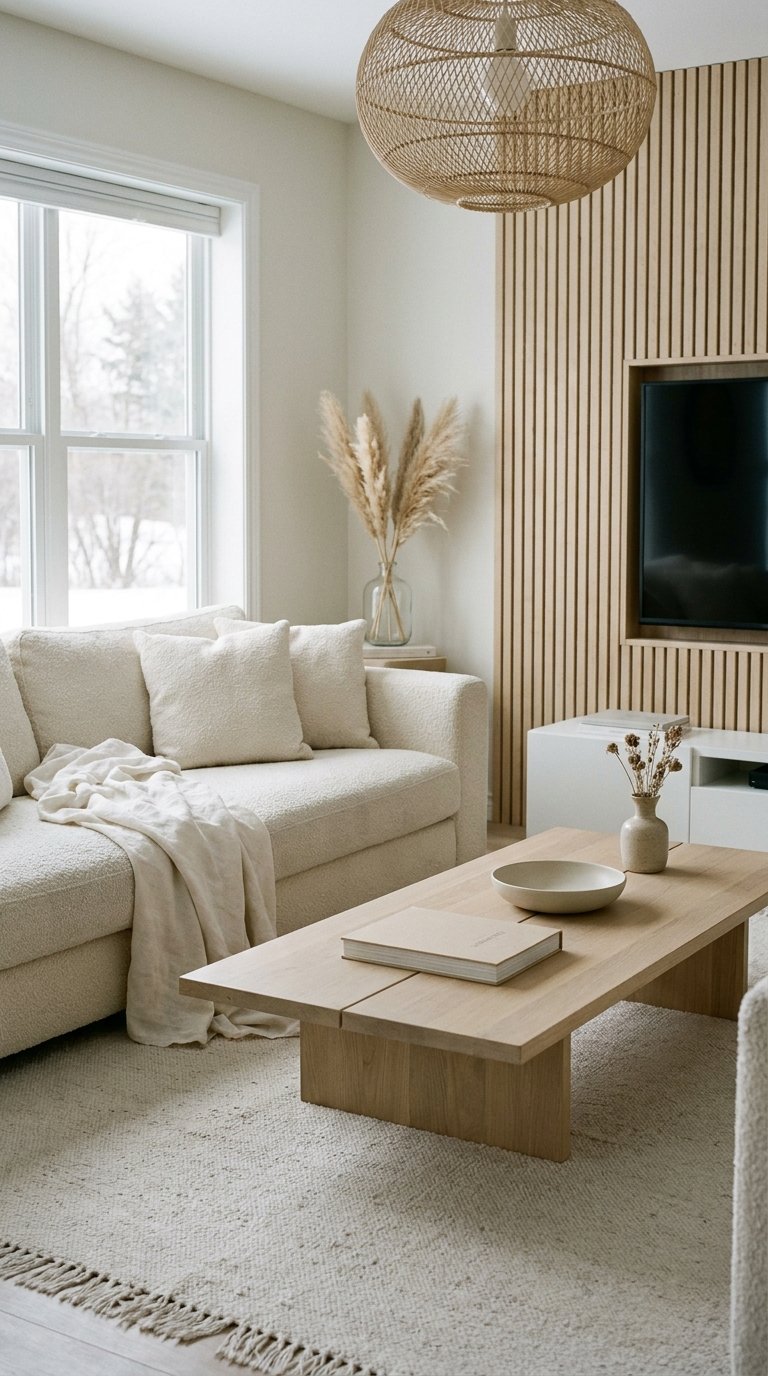 Salon beige clair avec canapé bouclé, meuble télévision à tasseaux et table basse en bois