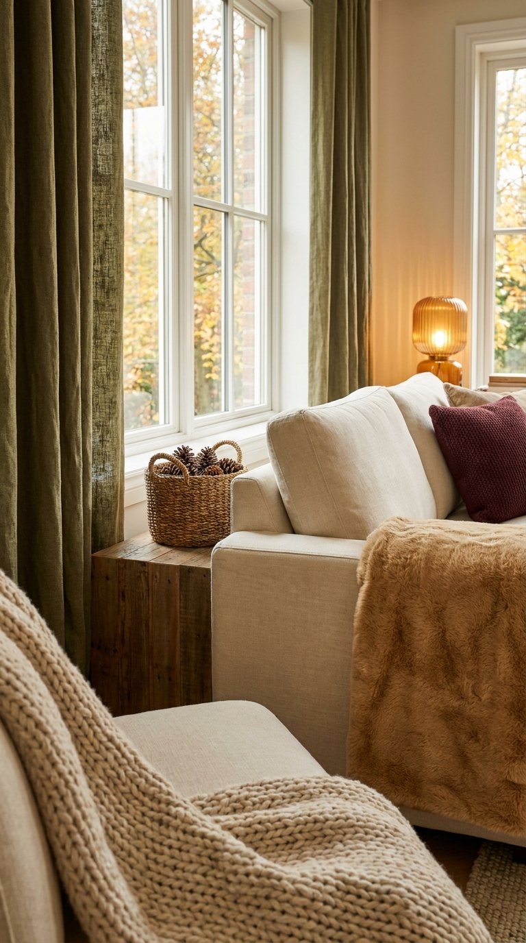 Coin de canapé beige avec rideaux vert olive, coussins bordeaux et plaids épais