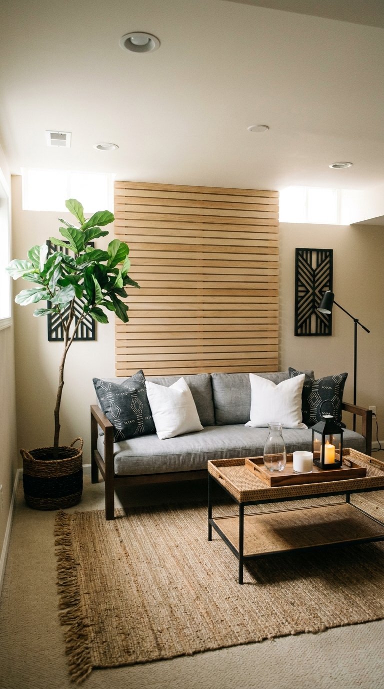Petit salon beige avec canapé gris, panneau mural en bois et accessoires noirs