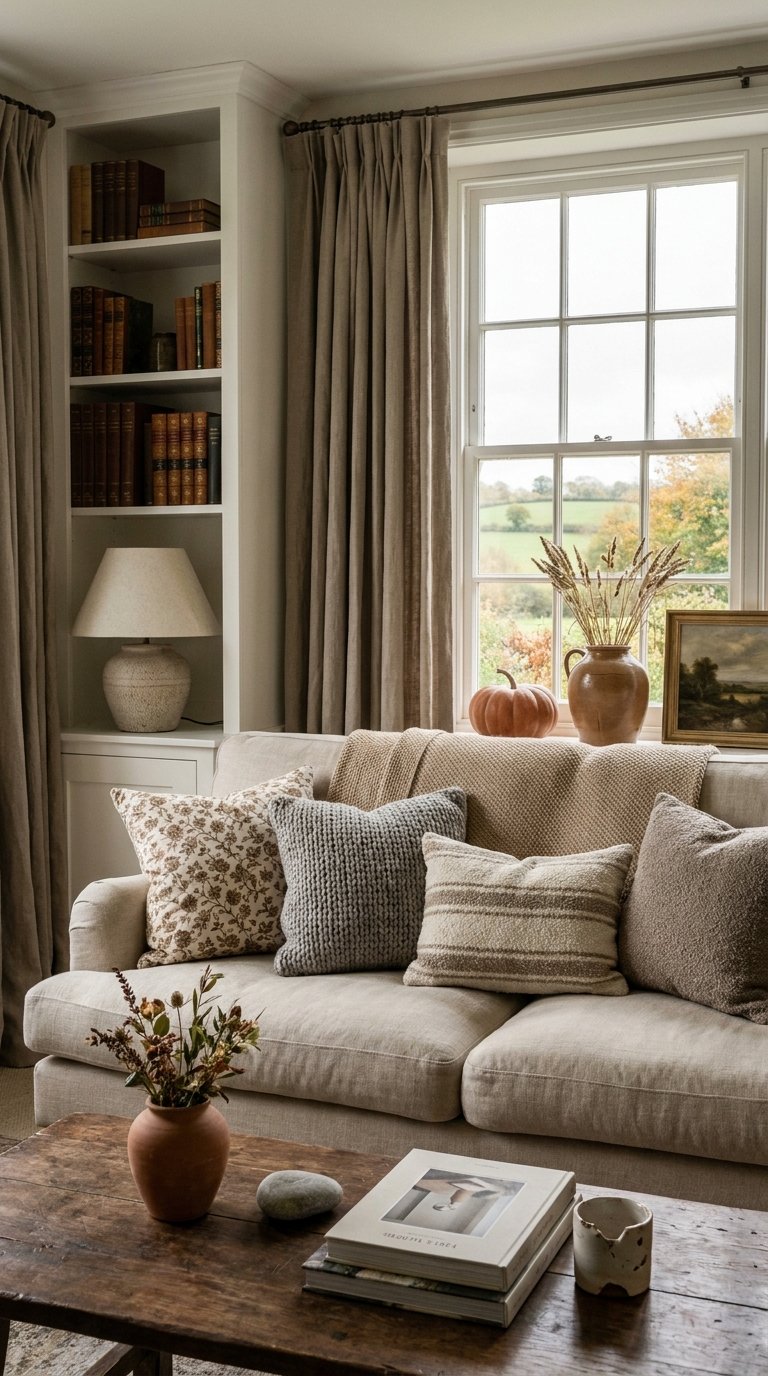 Salon beige de style campagne avec rideaux taupe, coussins texturés et table rustique