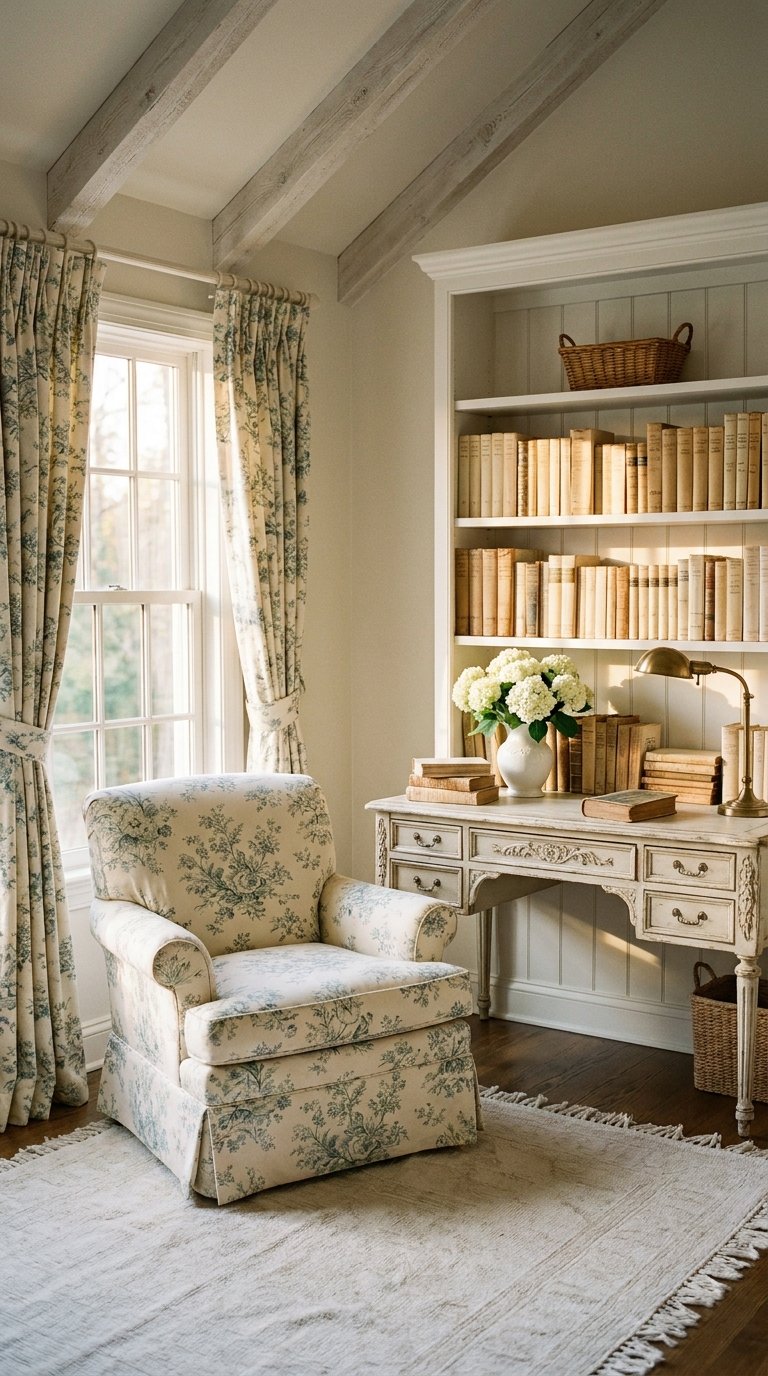 Coin lecture beige avec fauteuil fleuri, bureau ancien et bibliothèque remplie de livres