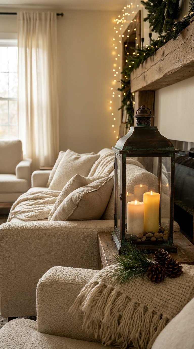 Salon crème avec canapé bouclé, lanternes à bougies et guirlandes lumineuses