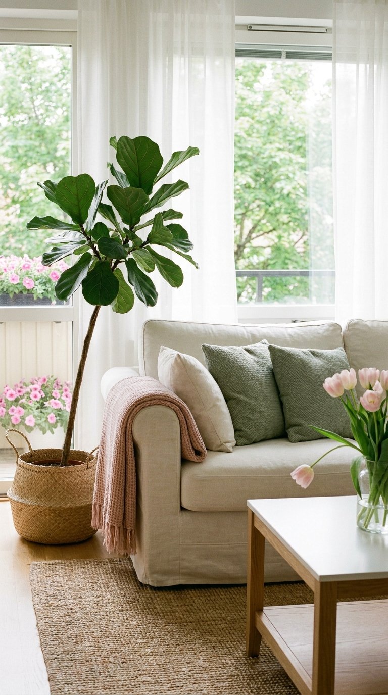 Canapé beige près de fenêtres avec ficus, coussins verts et plaid rose
