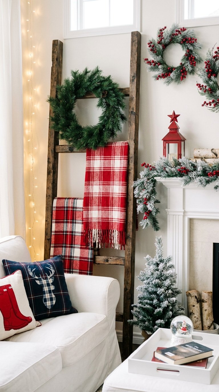 Salon de Noël avec échelle en bois, plaids rouges et couronnes végétales