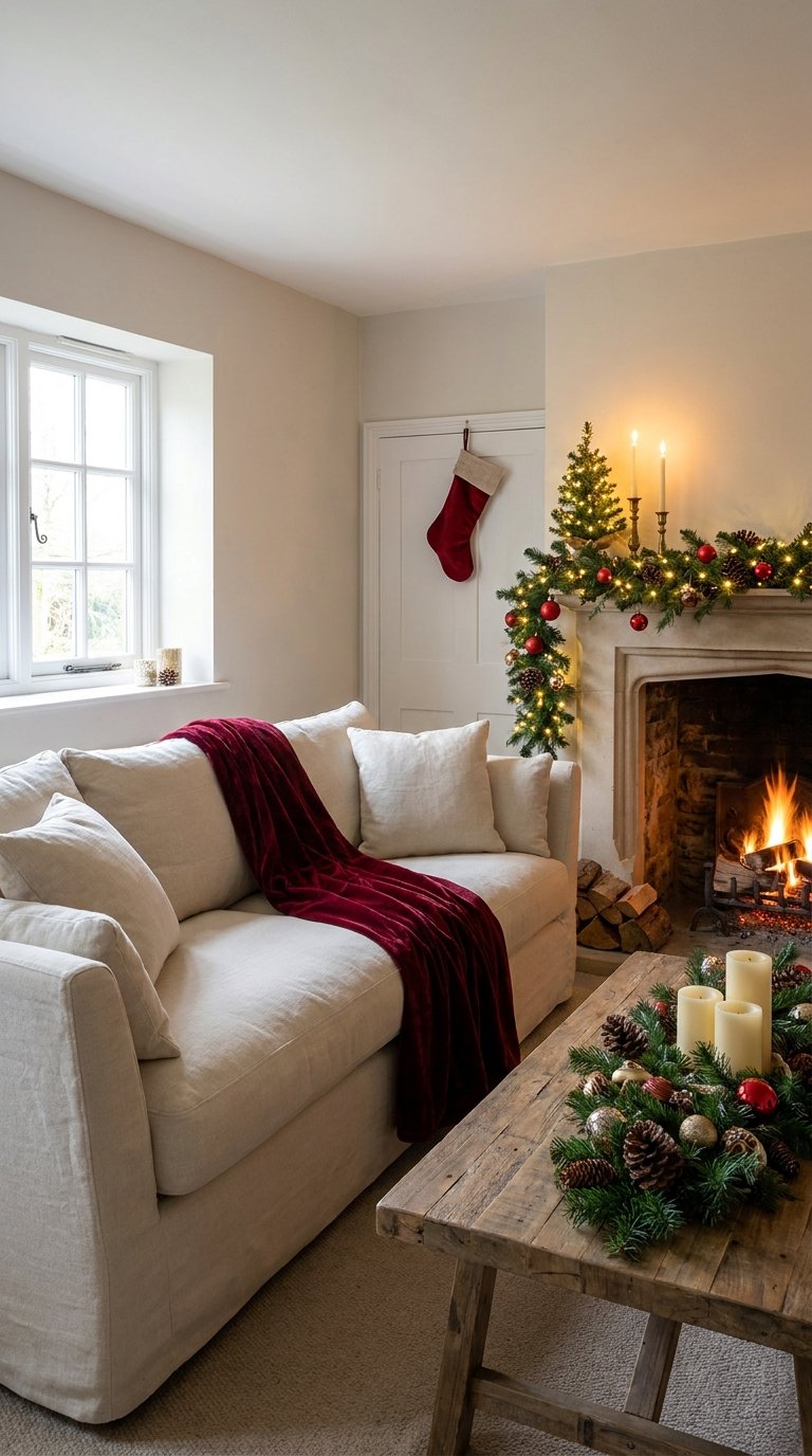 Canapé blanc avec plaid bordeaux devant une cheminée décorée pour Noël