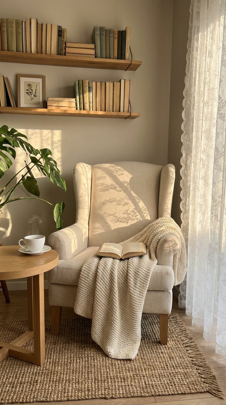 Fauteuil beige avec plaid tricoté, livres et plante près d’une fenêtre