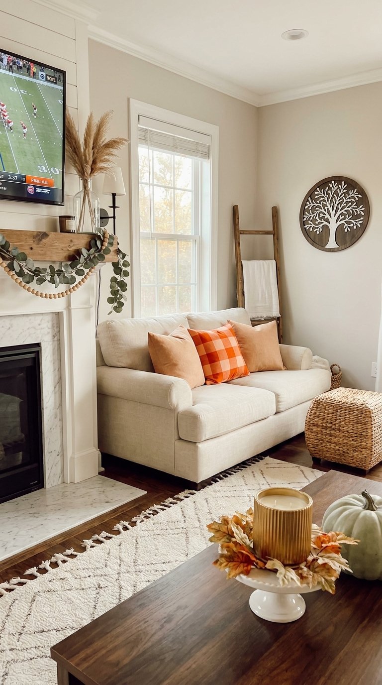 Petit salon beige avec coussins orange, cheminée et échelle décorative