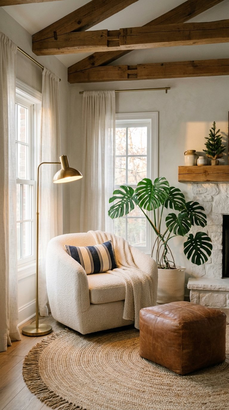 Coin salon avec fauteuil bouclé, poutres en bois, monstera et lampadaire