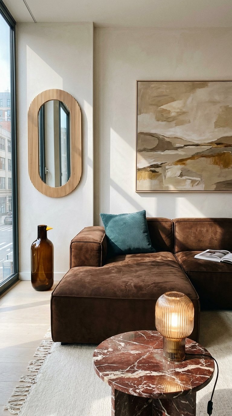 Salon contemporain avec canapé brun, table en marbre rouge et lampe ambrée