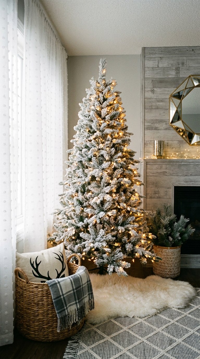 Sapin enneigé lumineux avec paniers, plaid à carreaux et tapis blanc