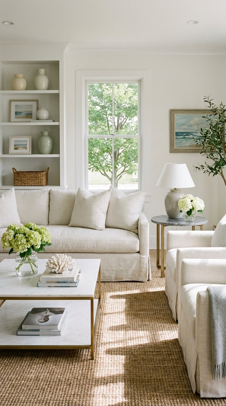 Salon blanc lumineux avec canapé, fauteuils, tapis en jute et fleurs