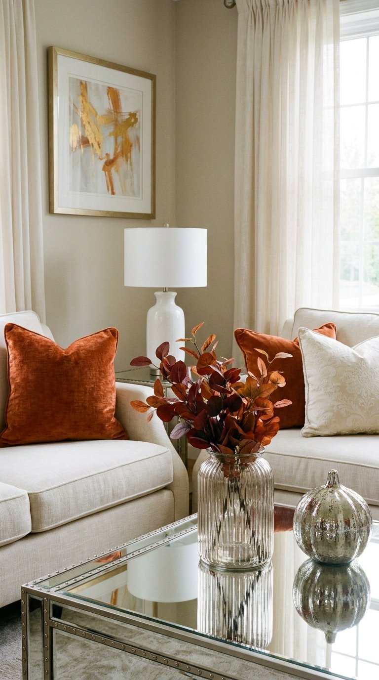 Fauteuils blancs avec coussins rouille autour d’une table basse miroir