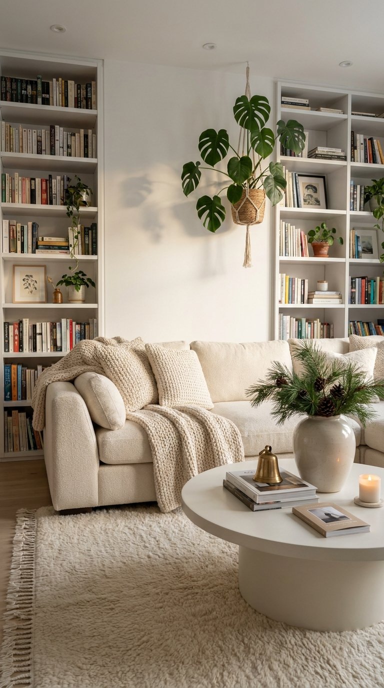 Salon crème avec canapé bouclé, bibliothèques blanches et plantes vertes