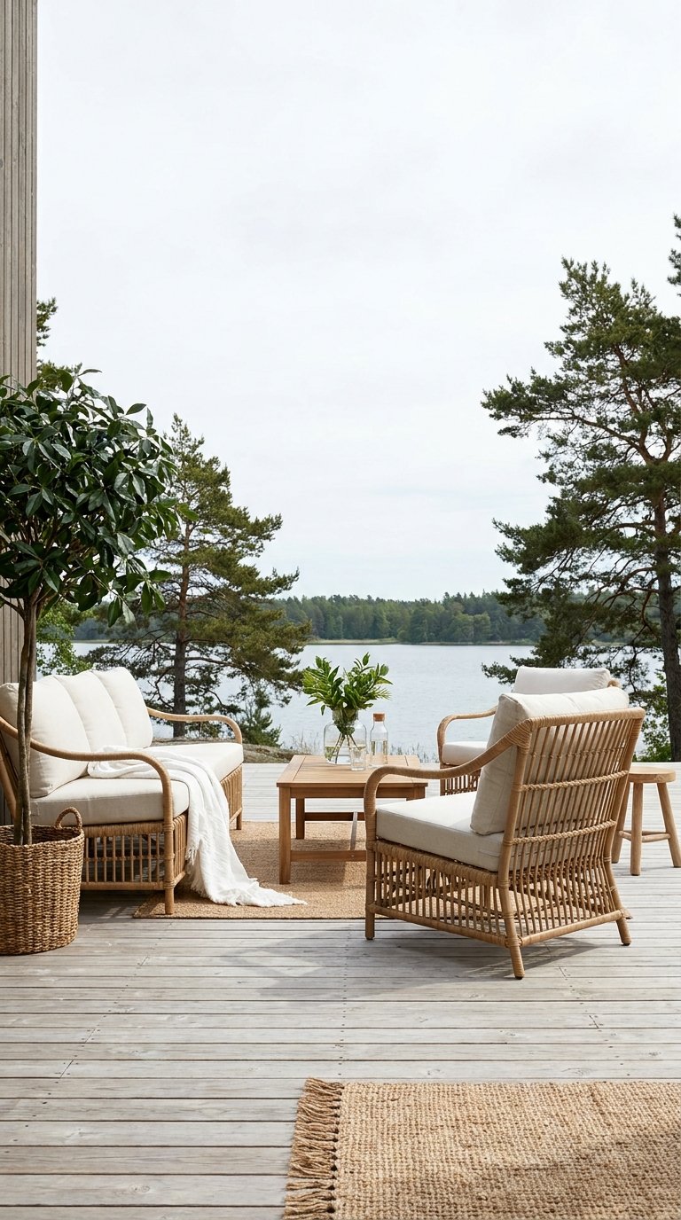 Salon de jardin en rotin clair installé sur une terrasse en bois face à un lac