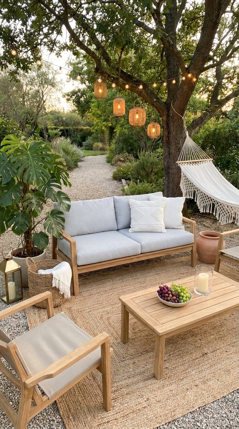 Canapé et fauteuils en bois sous un grand arbre avec hamac et lanternes suspendues