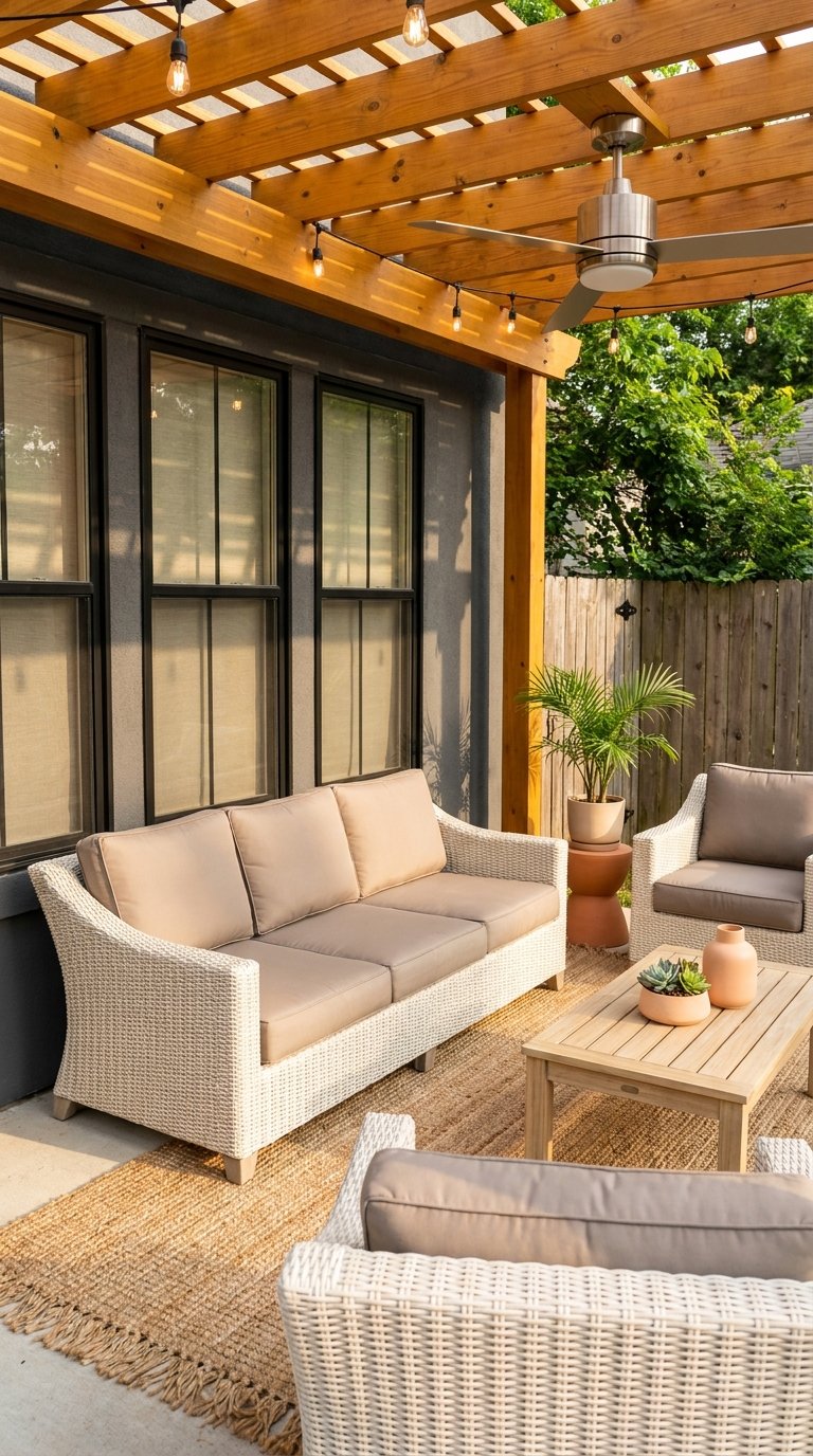 Salon en résine tressée blanche sous une pergola en bois équipée d’un ventilateur