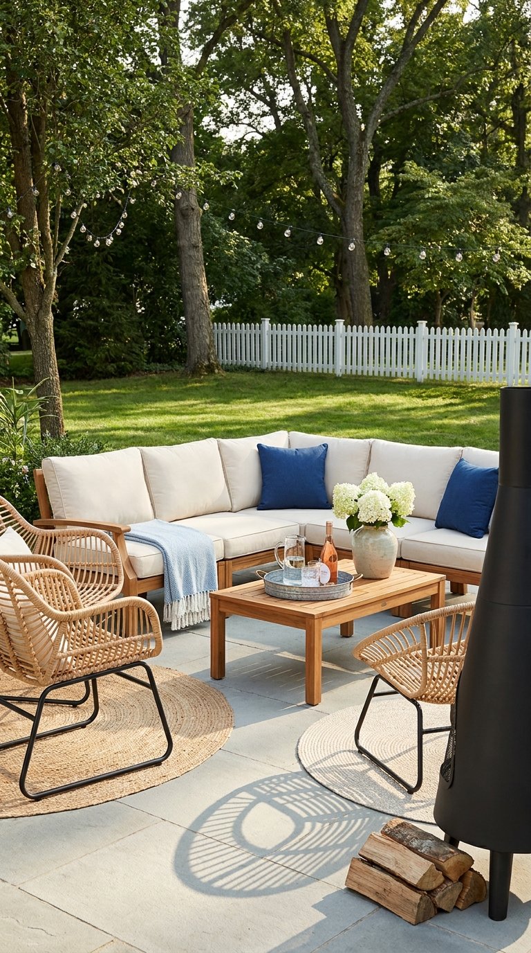 Canapé d’angle blanc et fauteuils en rotin autour d’une table sur une terrasse arborée