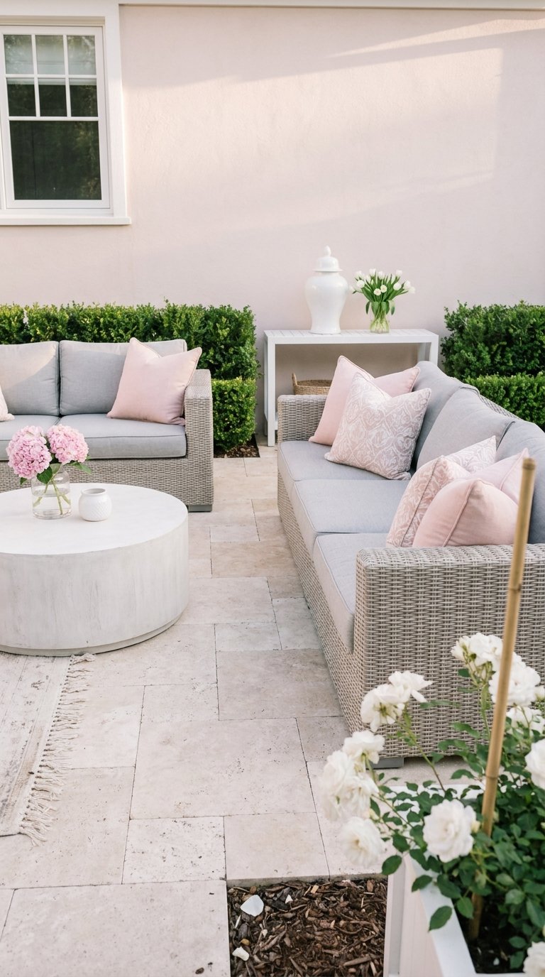 Deux canapés gris ornés de coussins roses autour d’une table basse ronde blanche