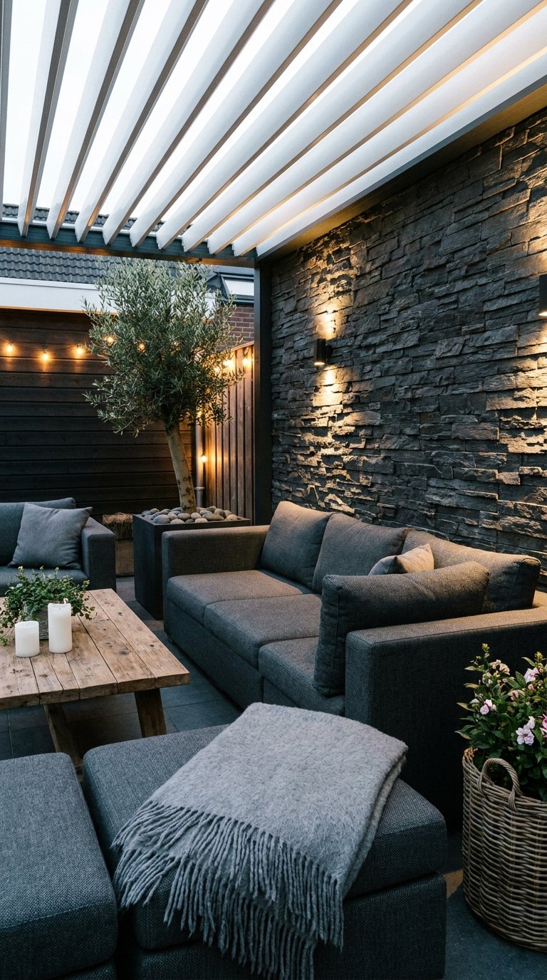 Salon extérieur gris sous une pergola blanche contre un mur en pierre sombre éclairé