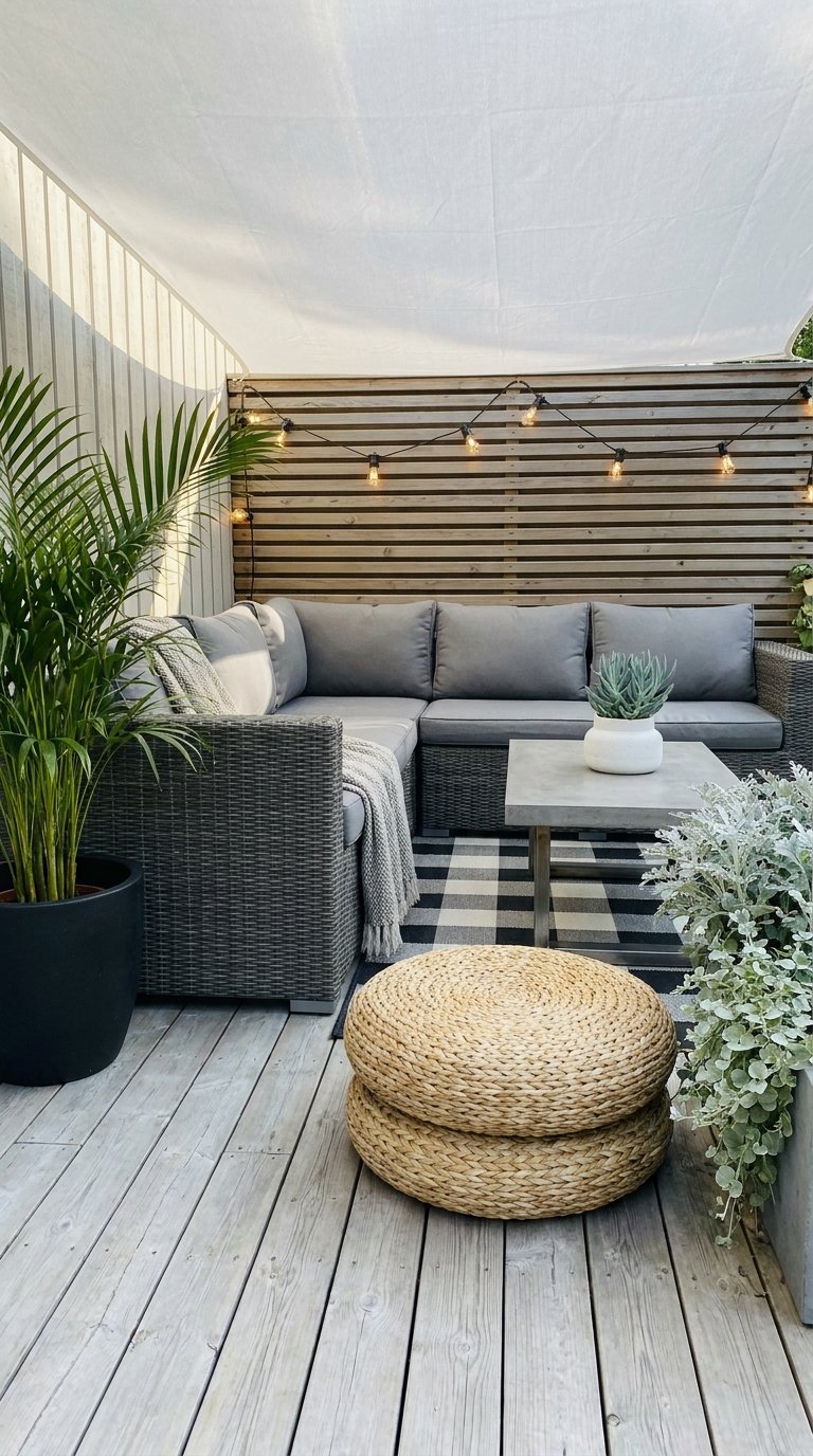 Canapé d’angle gris sur une petite terrasse couverte avec plantes et pouf tressé