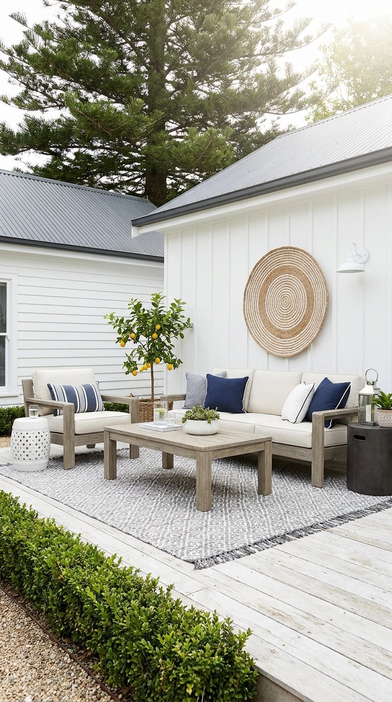 Salon de jardin en bois clair avec coussins bleu marine devant une façade blanche