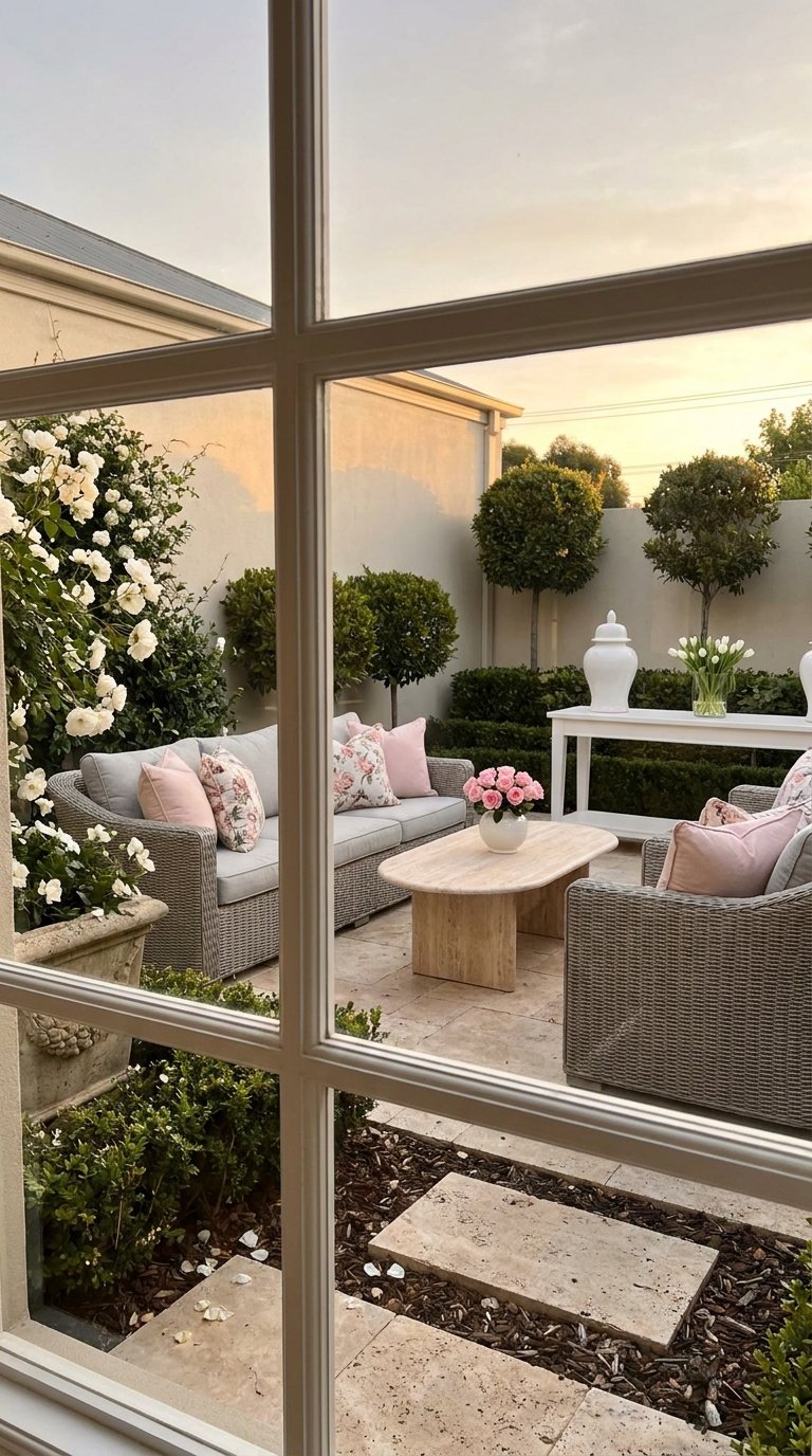 Salon gris et rose aperçu à travers une fenêtre donnant sur un jardin fleuri