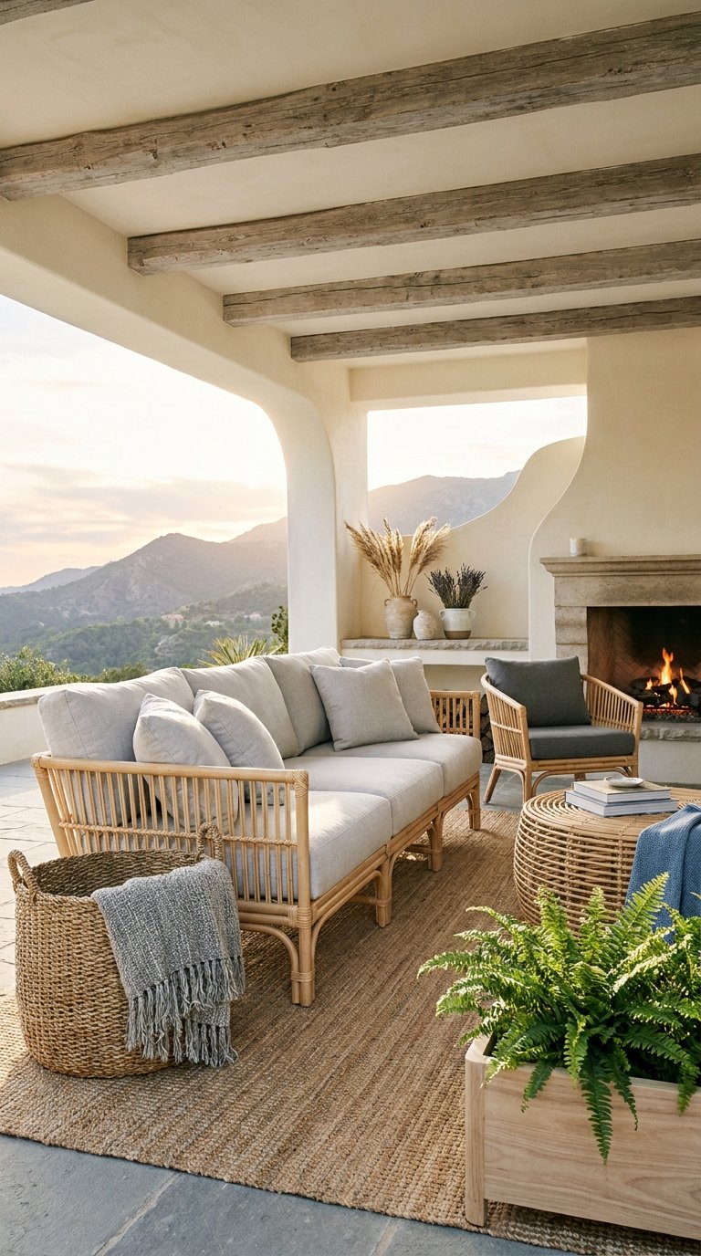 Salon en rotin clair sous une terrasse voûtée face aux montagnes avec cheminée allumée