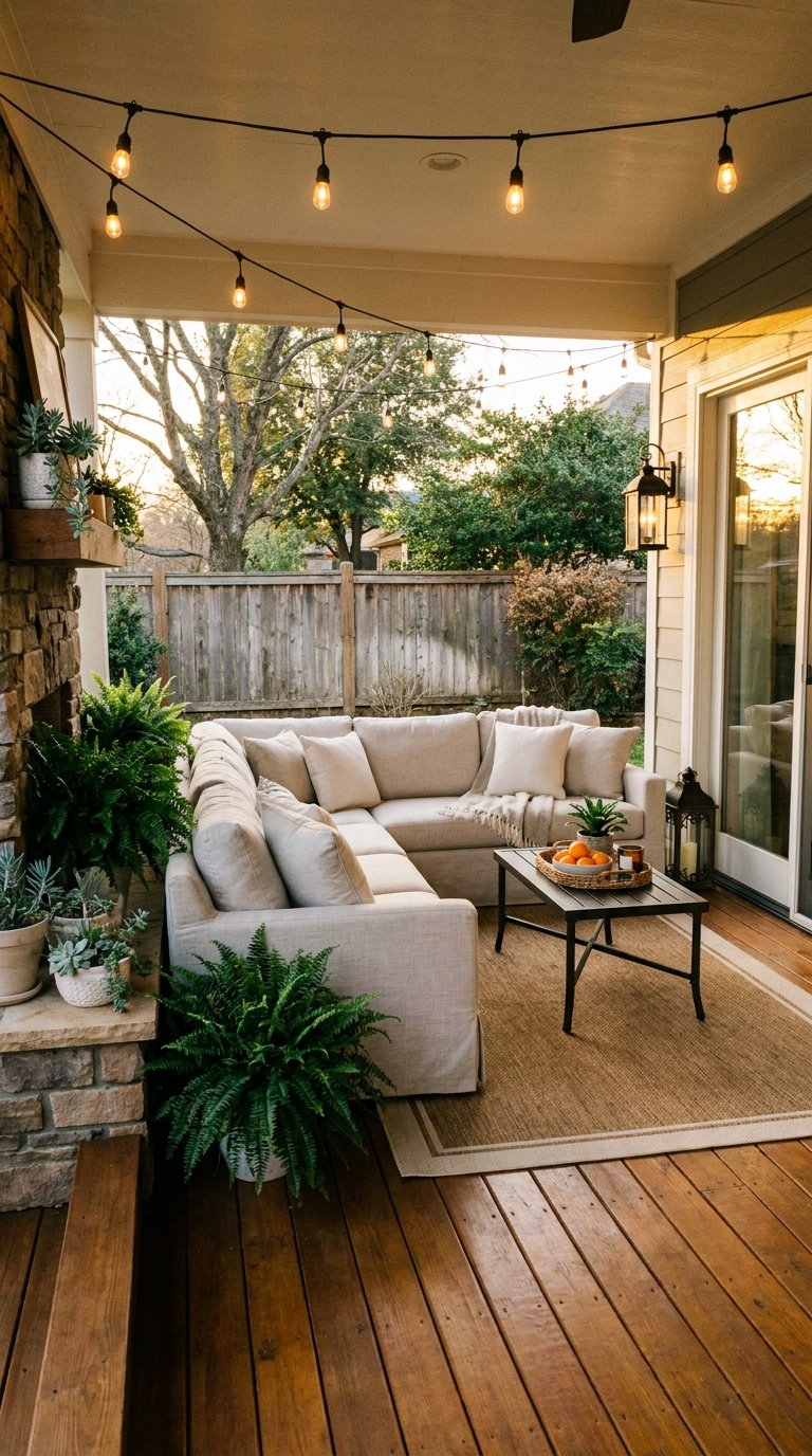 Canapé d’angle beige sur une terrasse couverte entourée de fougères et de guirlandes