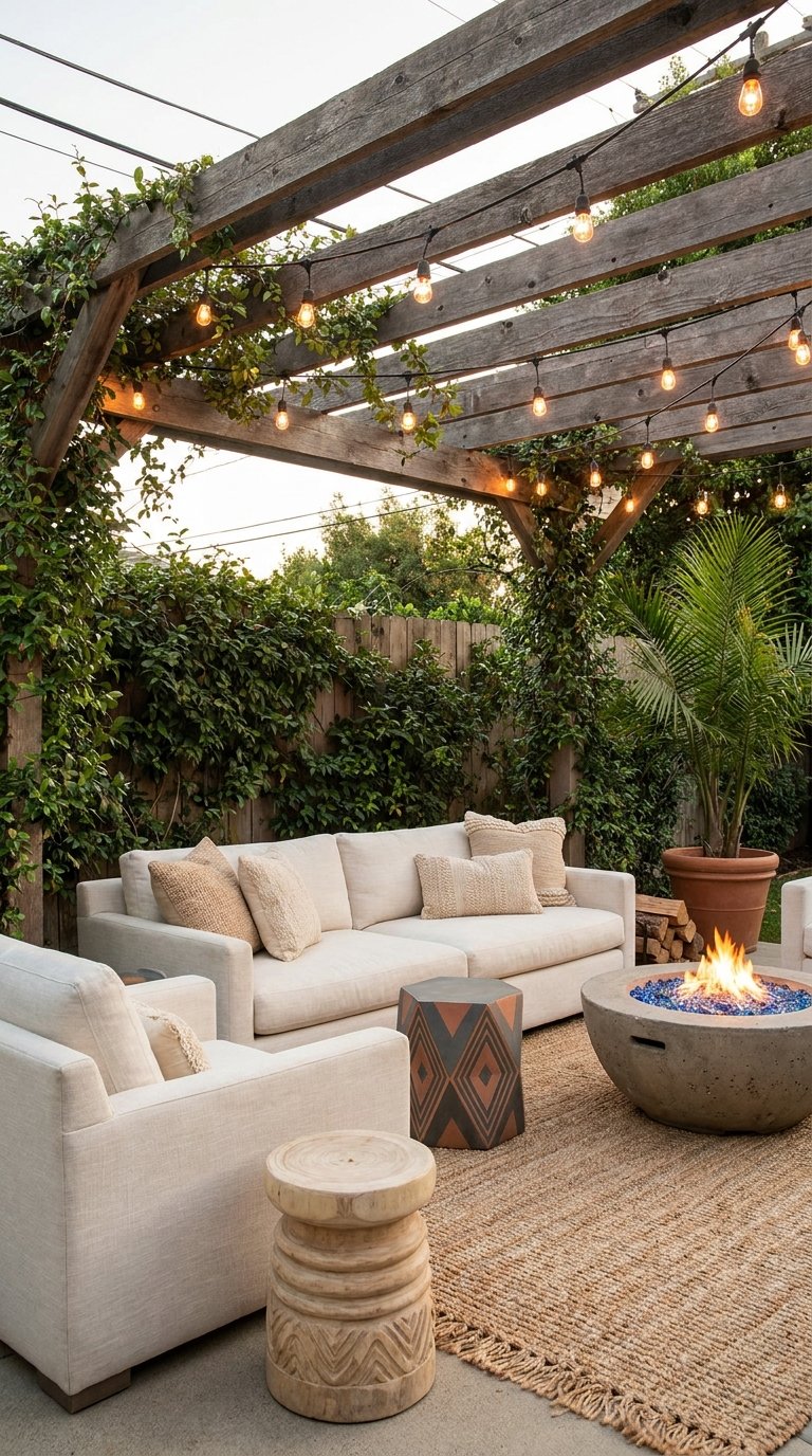 Salon beige sous une pergola rustique avec brasero rond et guirlandes lumineuses