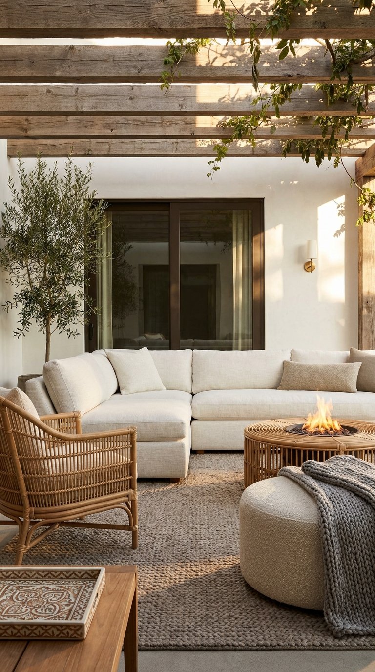 Canapé blanc et fauteuil en rotin sous une pergola en bois avec table brasero