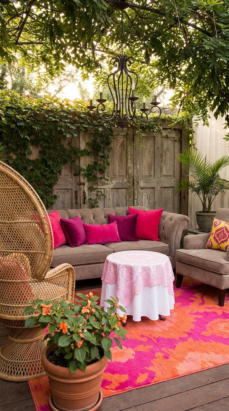 Salon de jardin coloré avec canapé taupe, coussins fuchsia et fauteuil œuf en rotin