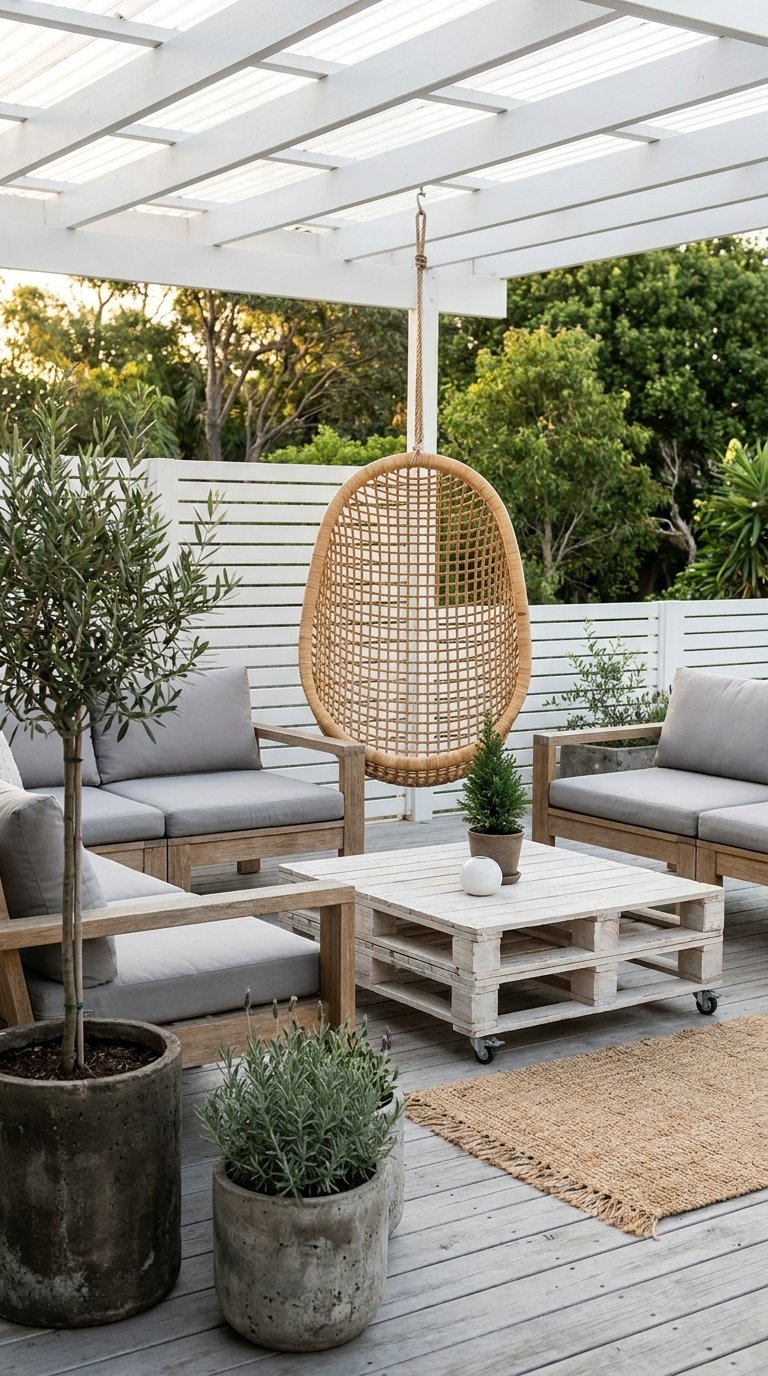 Fauteuil suspendu et salons en bois gris sous une pergola blanche