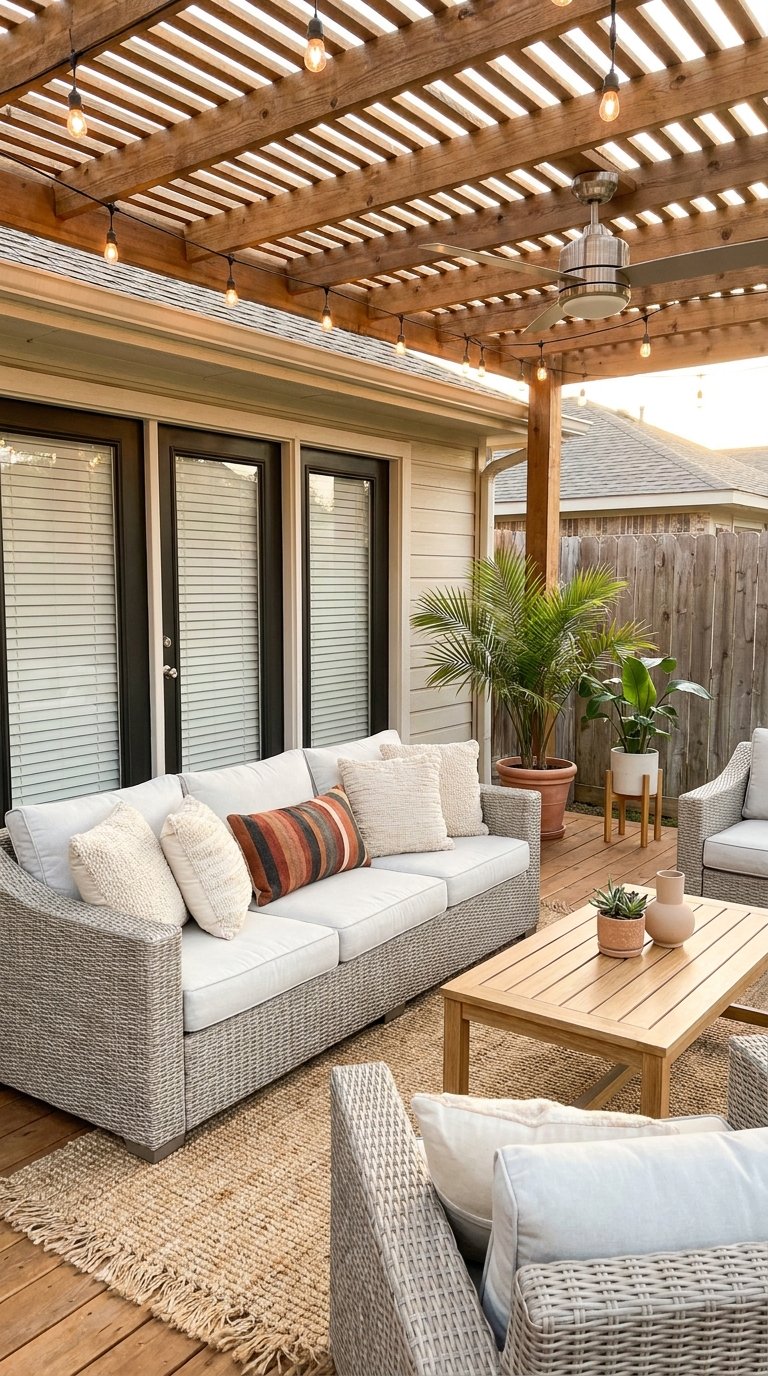 Salon en résine grise sous une pergola en bois avec ventilateur et guirlandes