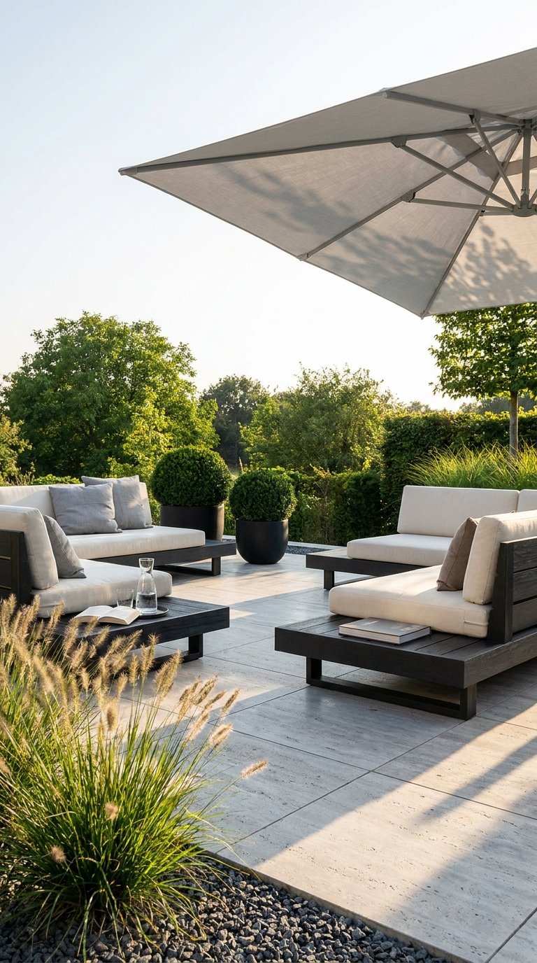 Salon extérieur moderne en bois foncé sous un grand parasol gris