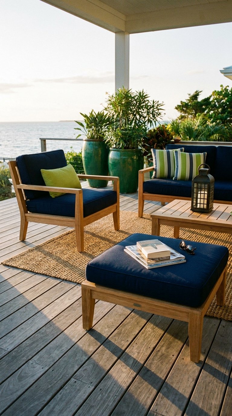 Salon en bois avec coussins bleu marine sur une terrasse dominant la mer