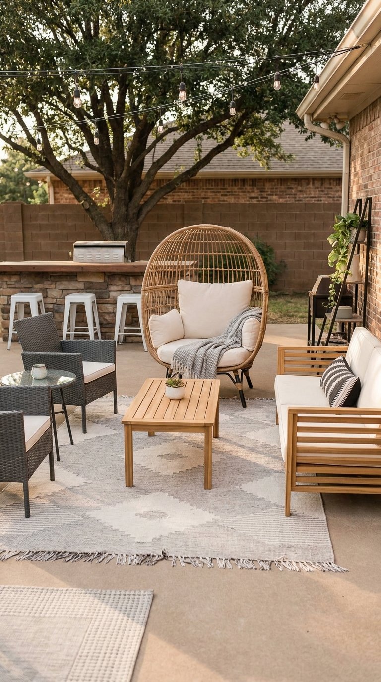 Salon de jardin éclectique avec fauteuil œuf, banquette en bois et coin bar