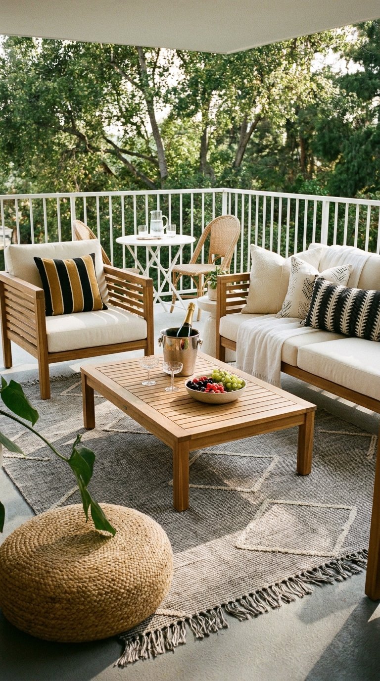 Salon en bois clair sur un balcon couvert avec table dressée et tapis gris