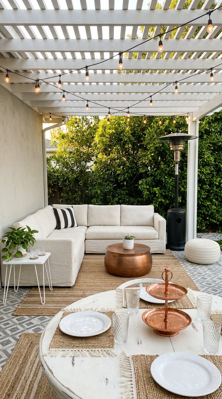 Canapé d’angle blanc sous une pergola avec guirlandes et table ronde en cuivre
