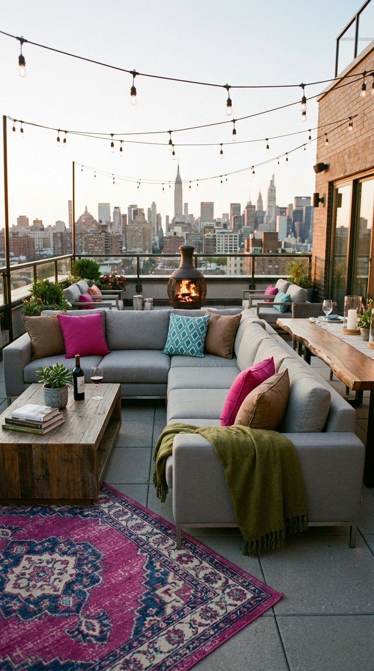 Grand salon gris sur un toit-terrasse avec tapis rose et vue sur la ville