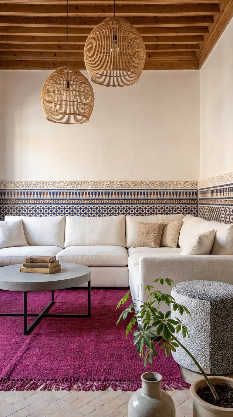 Canapé d’angle blanc devant une frise de zellige bleu et tapis fuchsia