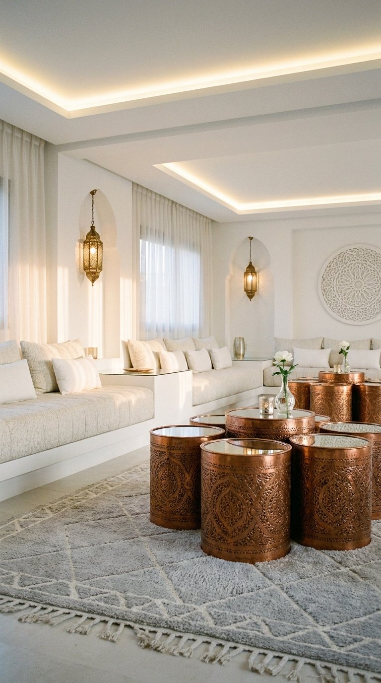 Salon blanc avec banquettes intégrées, lanternes dorées et tables en cuivre