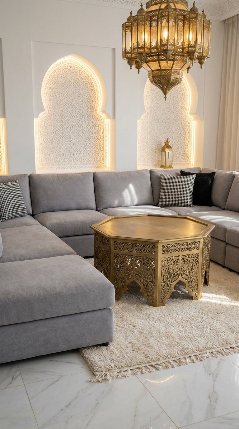Canapé d’angle gris face à une table marocaine dorée sous une grande lanterne