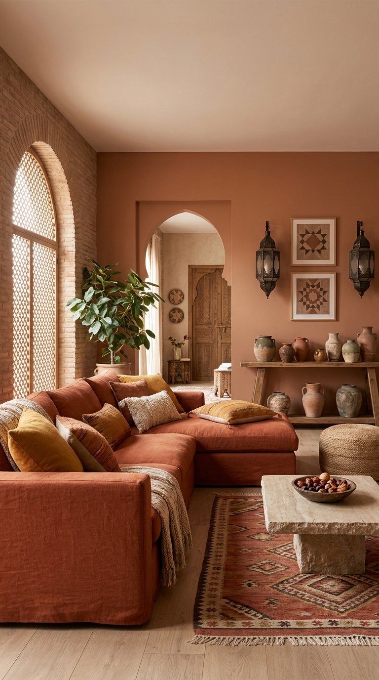 Canapé terracotta dans un salon aux arches, poteries et tapis rouge