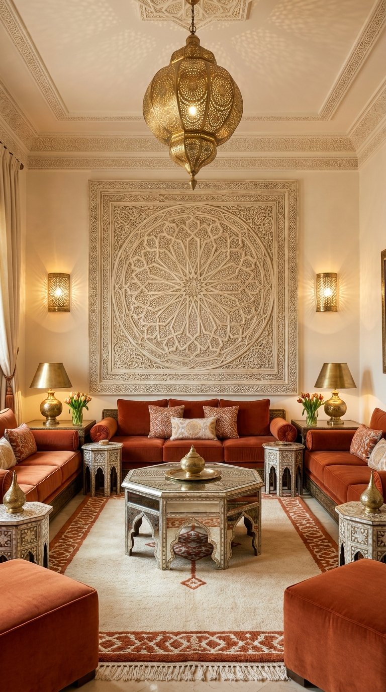 Salon symétrique aux canapés rouille, mobilier marqueté et rosace murale sculptée