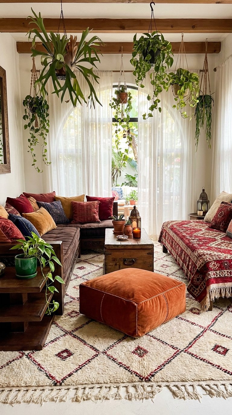 Salon bohème avec banquettes en bois, textiles rouges et plantes suspendues