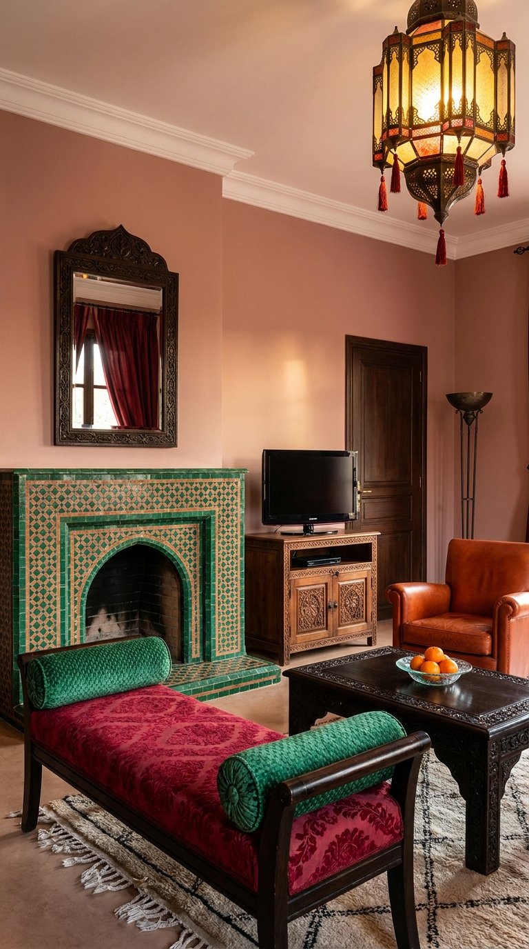 Salon rose avec cheminée en mosaïque verte, méridienne bordeaux et fauteuil cognac